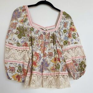 Christian Siriano Floral Lace Puff Sleeve Linen Rayon Square Neck Blouse Small